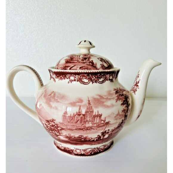 Vintage Red Transferware Teapot w/Lid Victorian Ironstone Castle Cranberry Toile - Picture 2 of 7